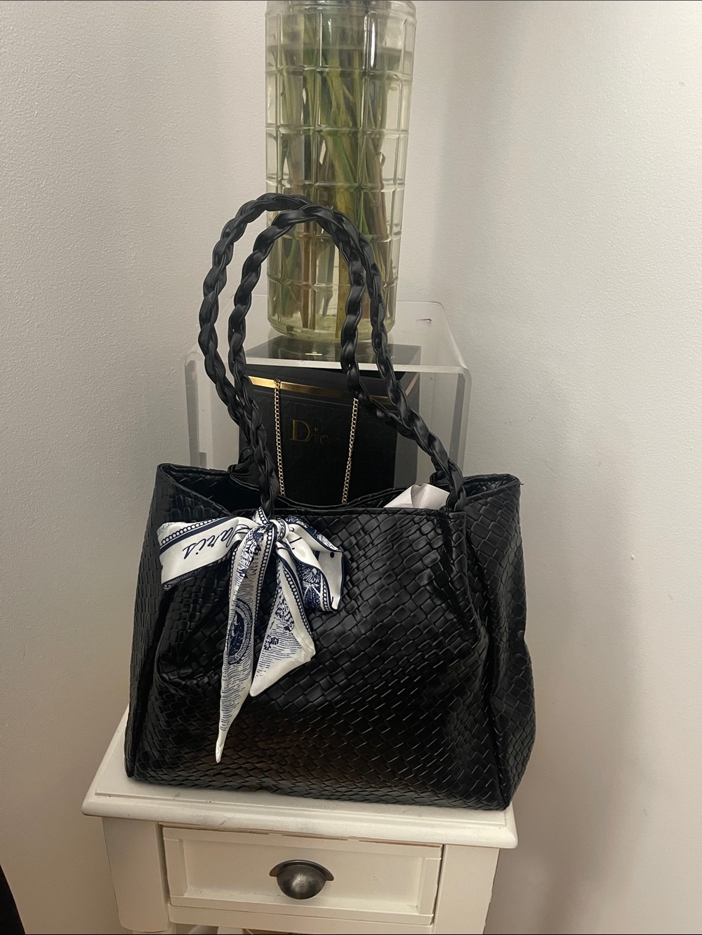 Black Woven Tote Bag with Twisted Handles